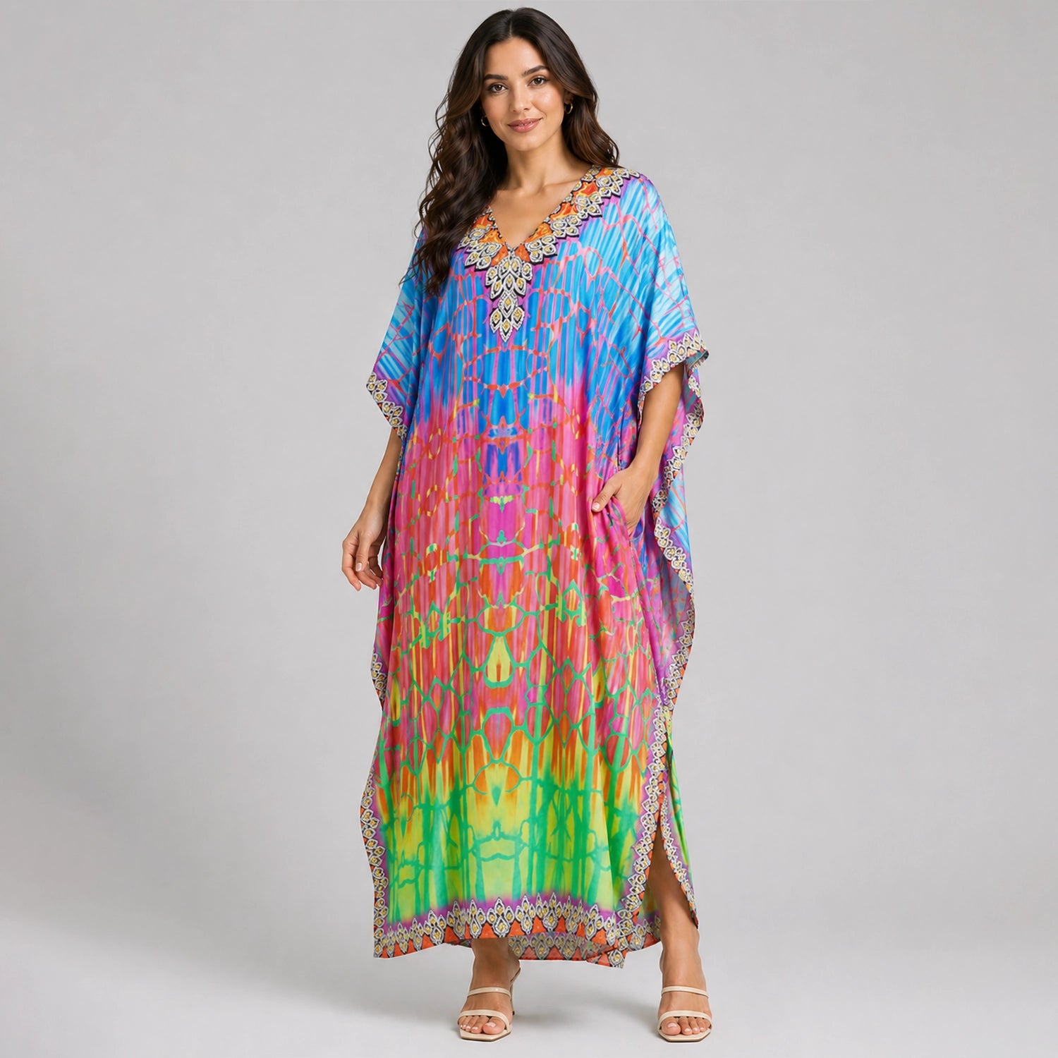 Kaftan Summer Dresses, Tassel Strings Waist,Multi, One Size