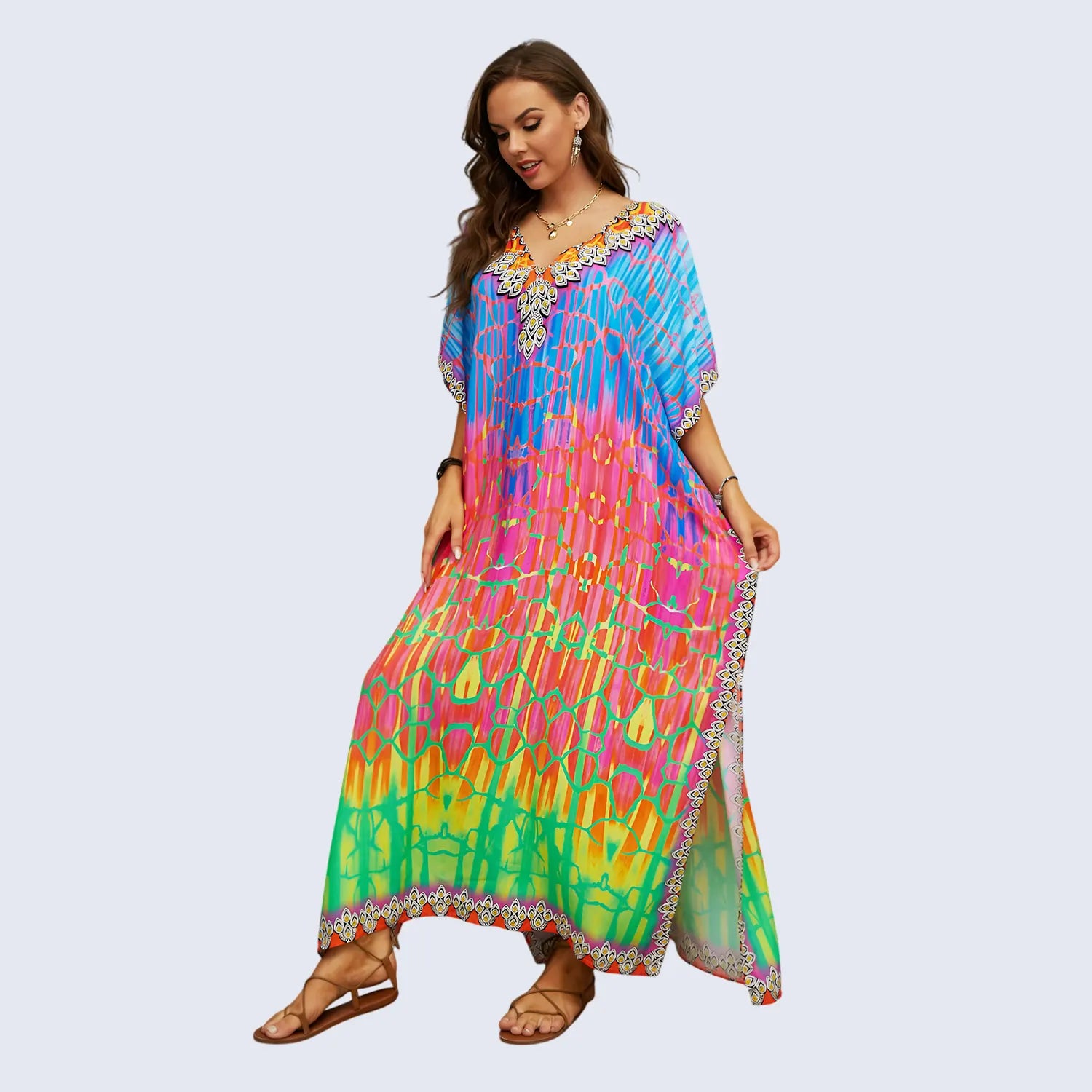 Kaftan Summer Dresses, Tassel Strings Waist,Multi, One Size