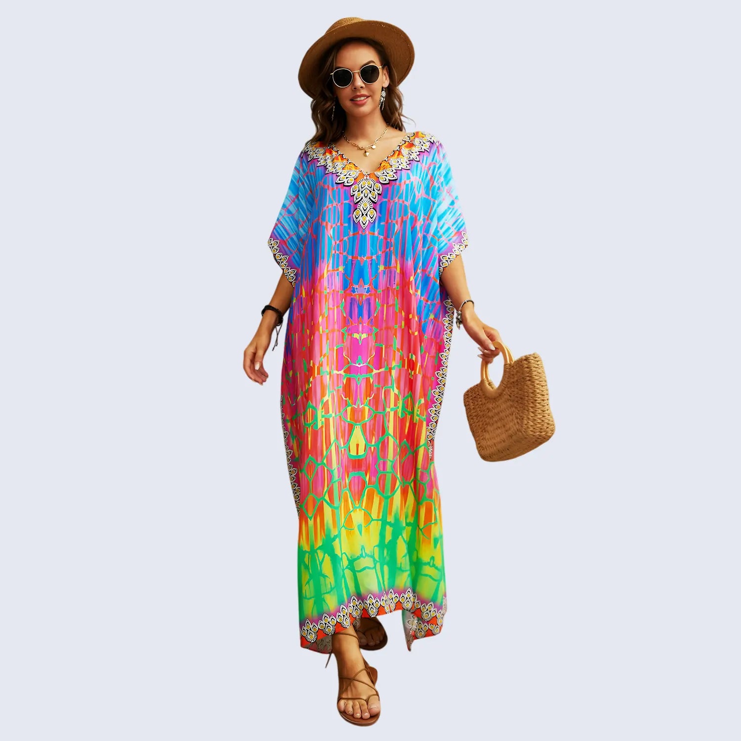 Kaftan Summer Dresses, Tassel Strings Waist,Multi, One Size