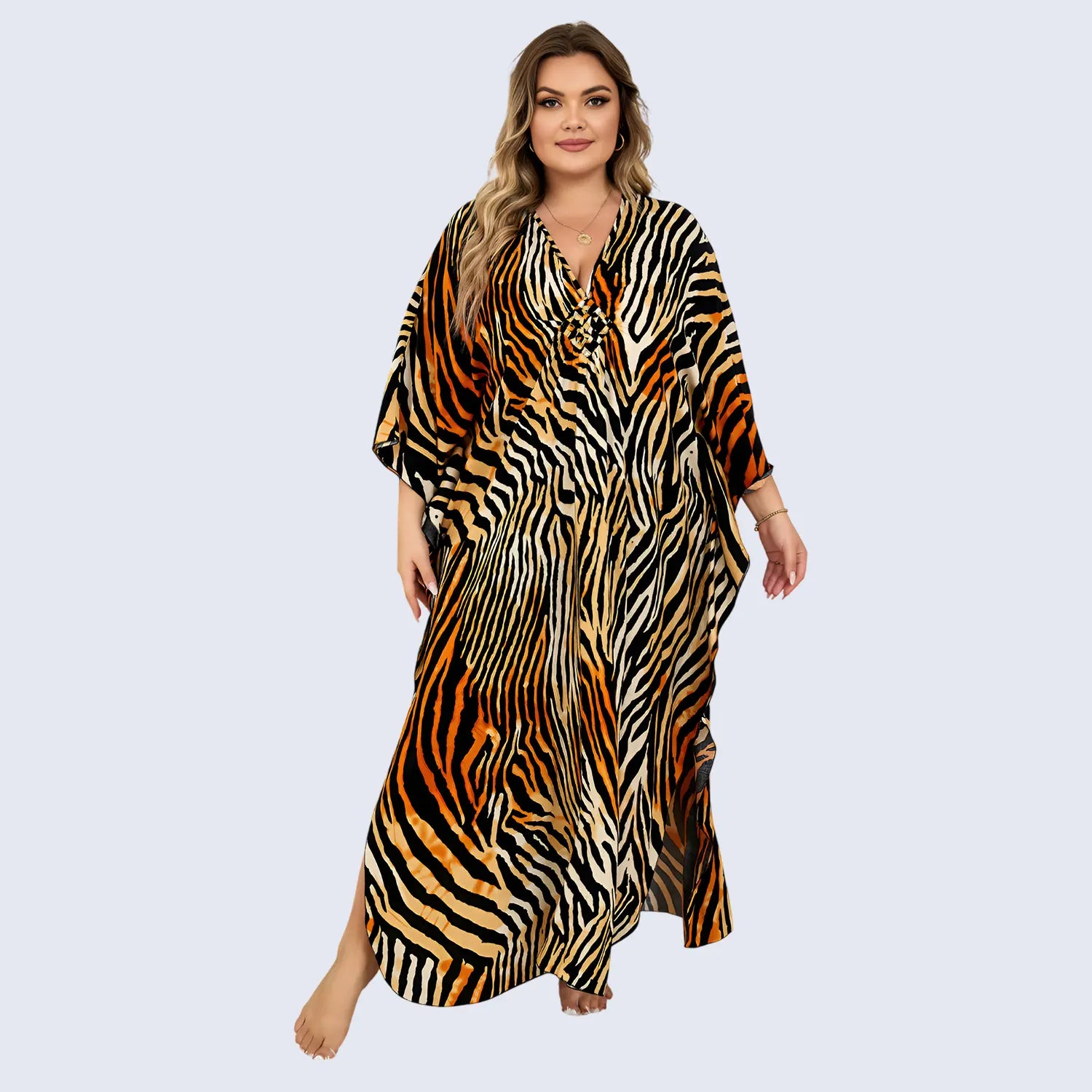 Kaftan Summer Dresses, Tassel Strings Waist,Orange, One Size