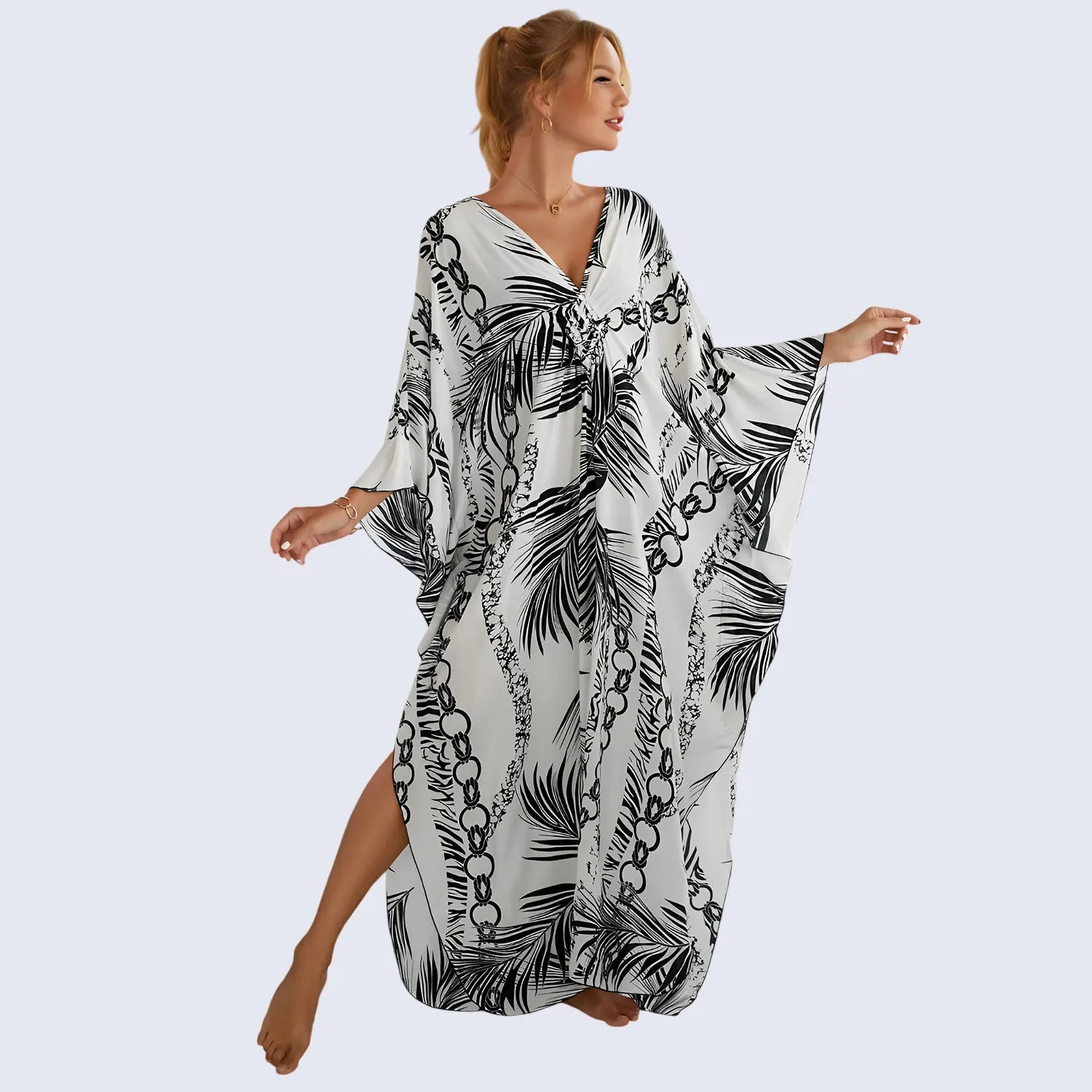 Kaftan Summer Dresses, Tassel Strings Waist,Abstract, One Size