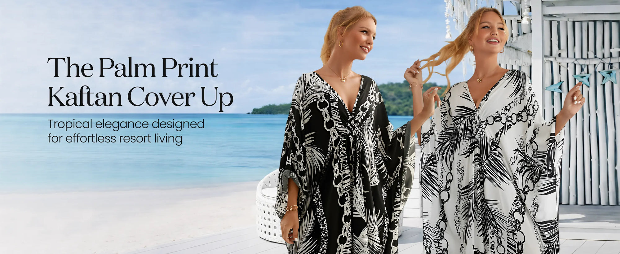 Kaftan Summer Dresses Braided V-Neck, White Palm, S to 3XL