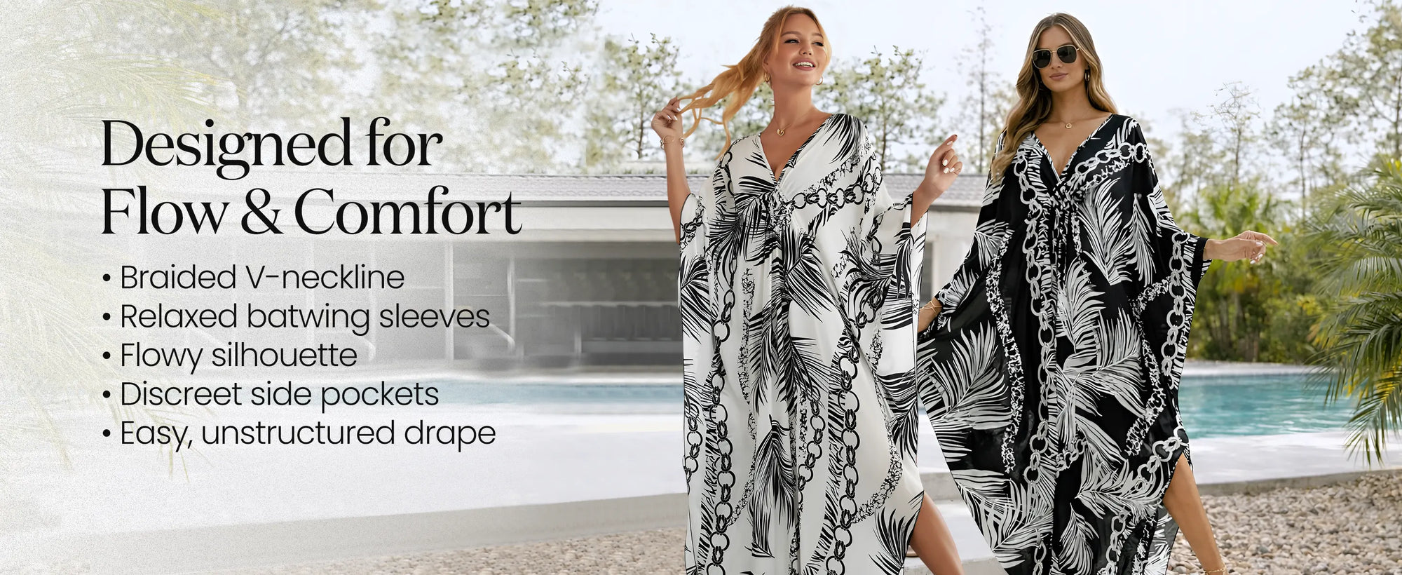 Kaftan Summer Dresses Braided V-Neck, White Palm, S to 3XL