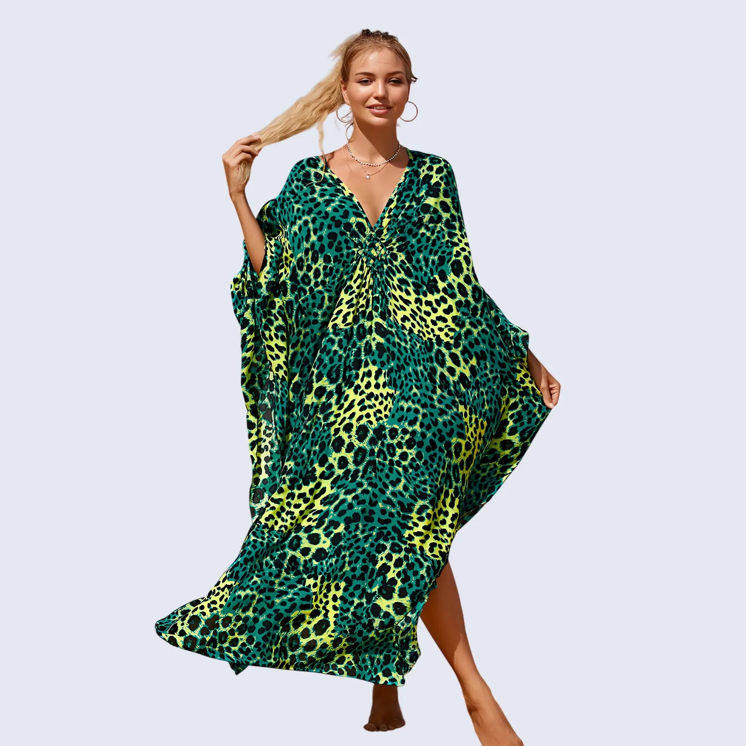 Kaftan Summer Dresses, Tassel Strings Waist,Green-Leopard, One Size