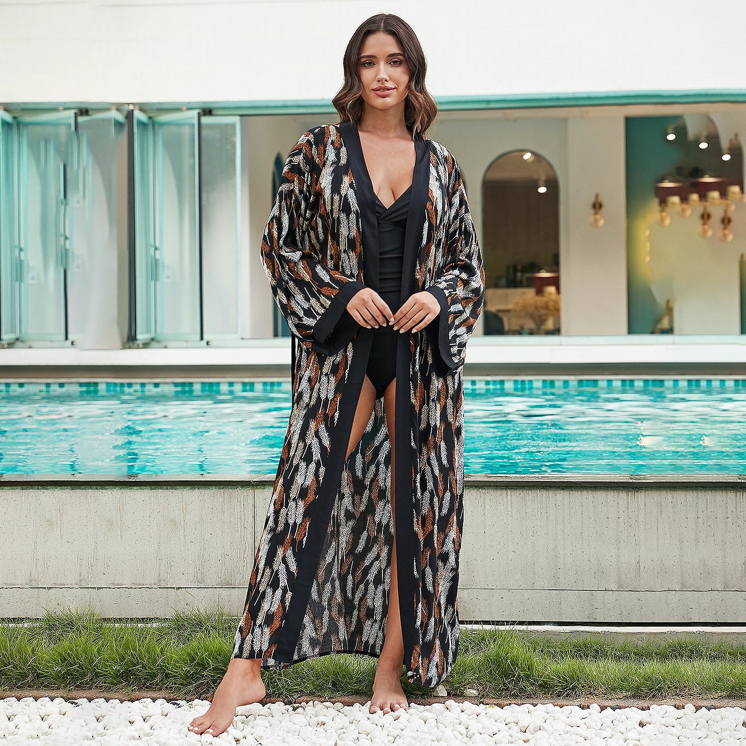 Kaftan Summer Dresses, Tassel Strings Waist,Black, One Size