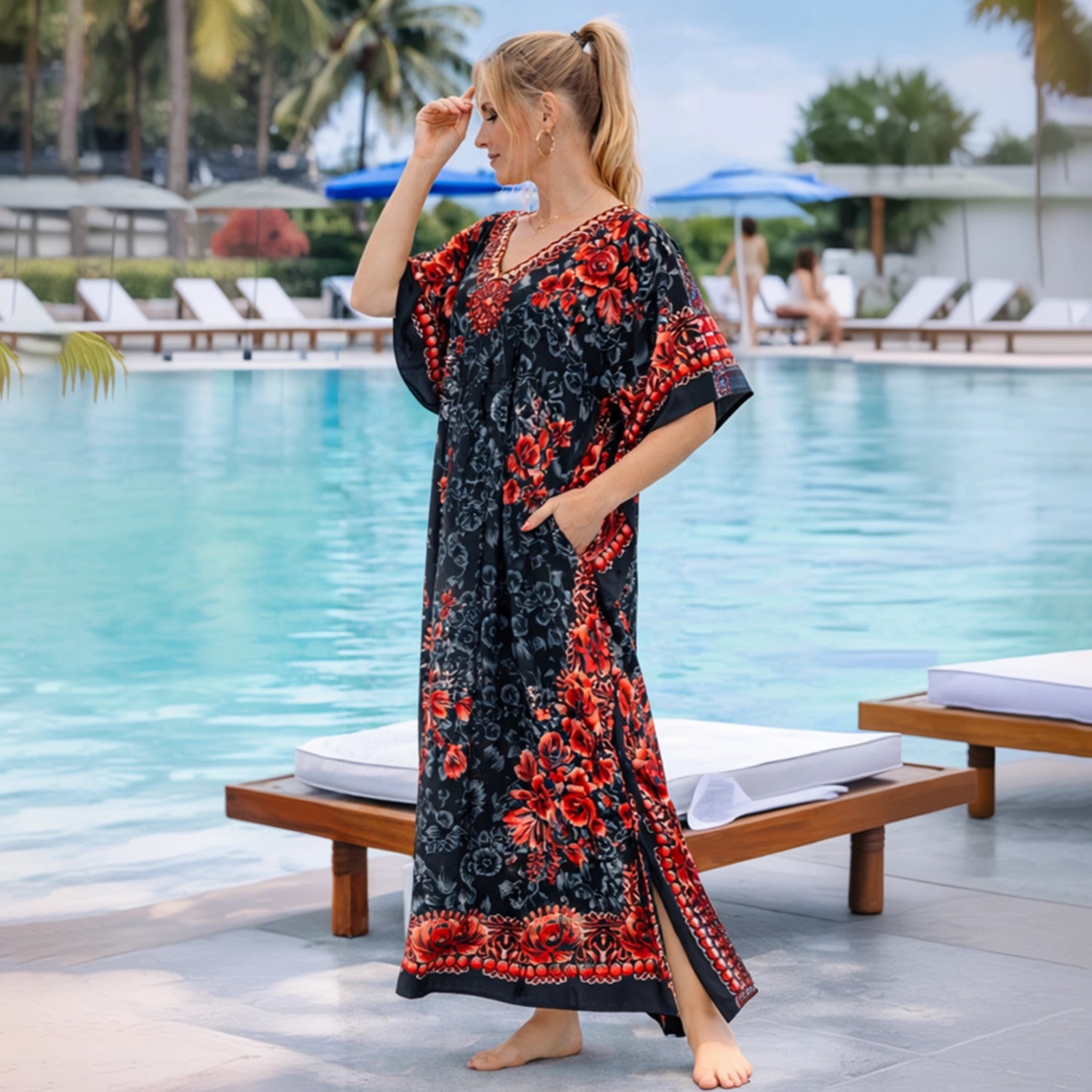 Floral Print Polyester Kaftan Dress with Pockets & Side Slits, 6 Colors, S-3XL