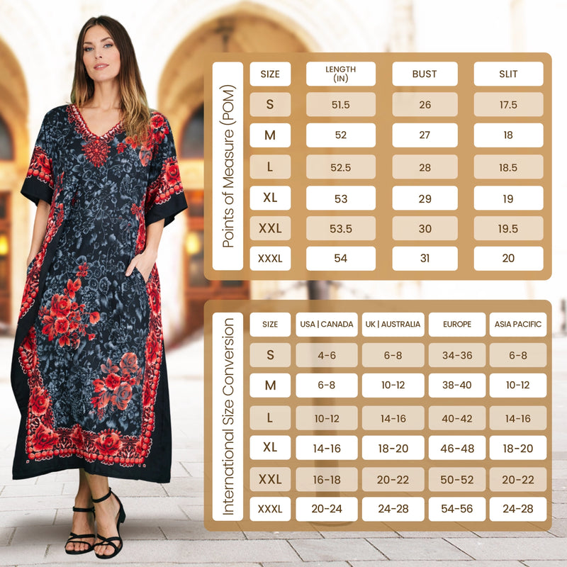 Size Chart for Floral Print Polyester Kaftan Dress with Pockets & Side Slits, 6 Colors, S-3XL