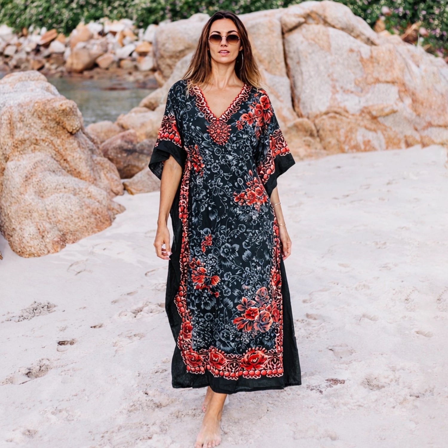 Floral Print Polyester Kaftan Dress with Pockets & Side Slits, 6 Colors, S-3XL