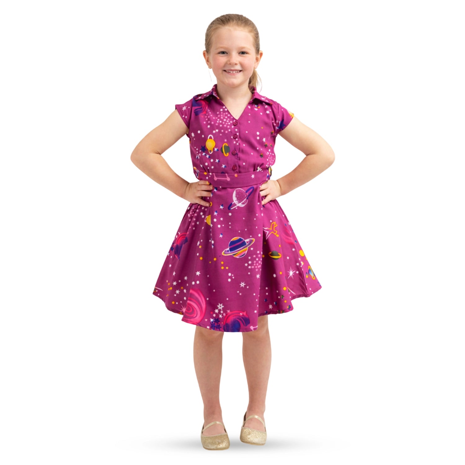 Baby Girl Casual Dress Collared Button Down Kids Summer Party Sleeveless Dresses in Galaxy  - Available in 3 Colors