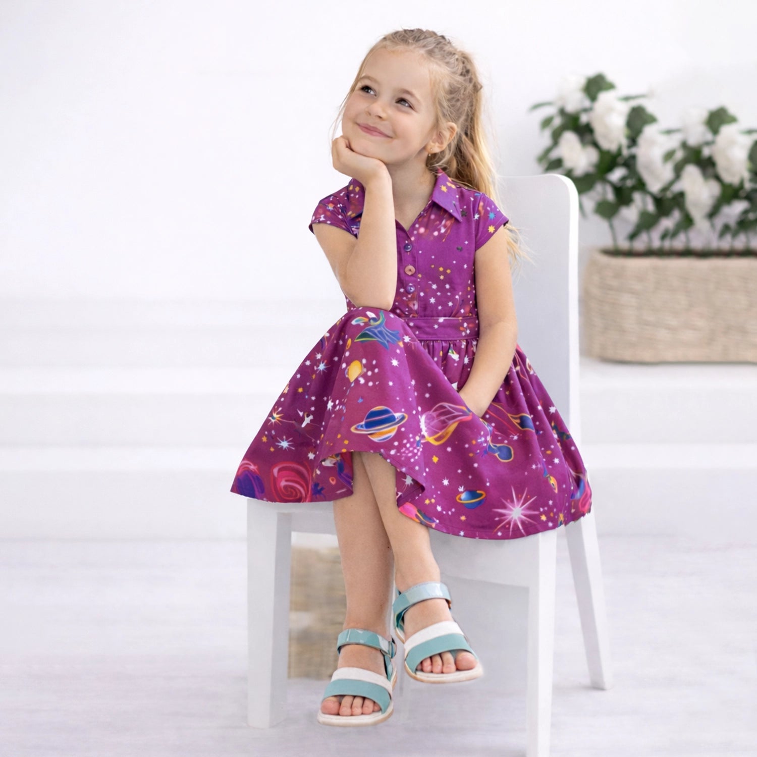 Baby Girl Casual Dress Collared Button Down Kids Summer Party Sleeveless Dresses in Galaxy  - Available in 3 Colors