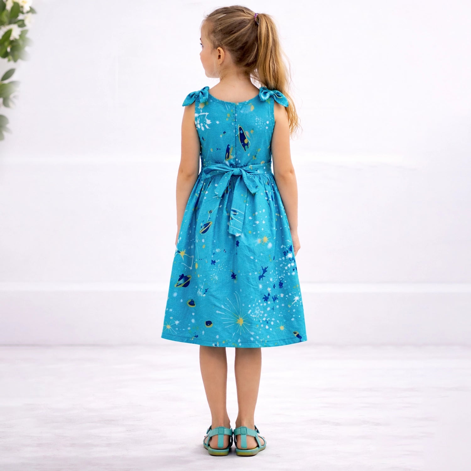 Girls Kids Vintage Style Shoulder Bow Dresses sizes from Galaxy Print - Available in 3 Colors