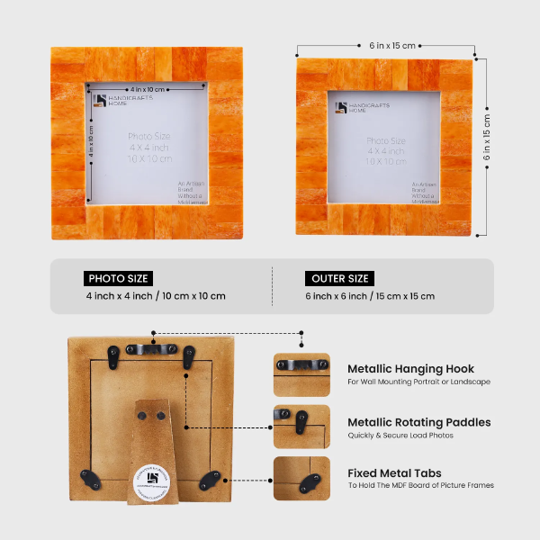 Square Baby Picture Frames Classic Pattern Bone Inlay 4x4 Inch Display Size, Orange