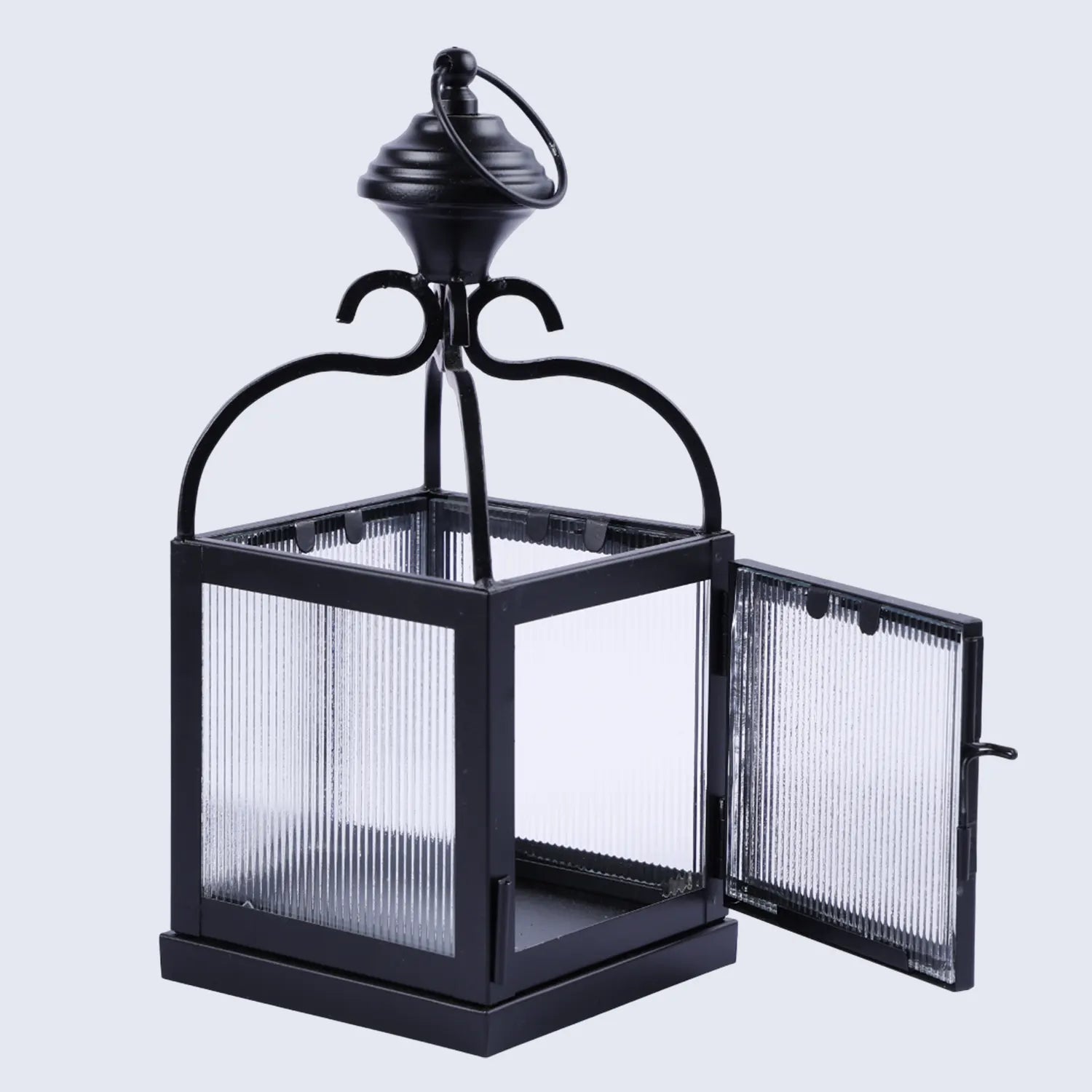 Metal & Ribbed Glass Dome Lantern, Matte Black
