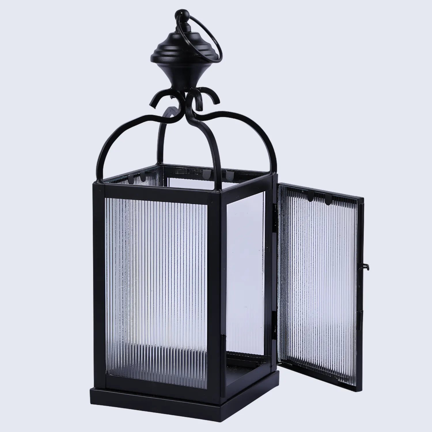 Metal & Ribbed Glass Dome Lantern, Matte Black