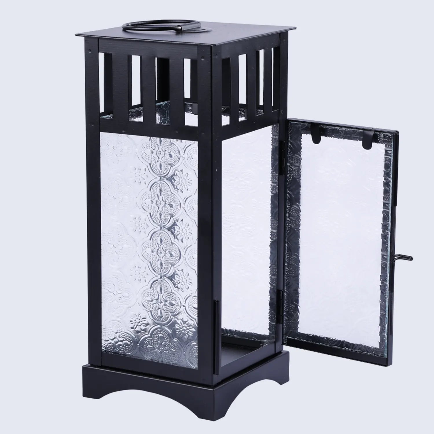 Metal & Embossed Glass Vintage Lantern, Matte Black