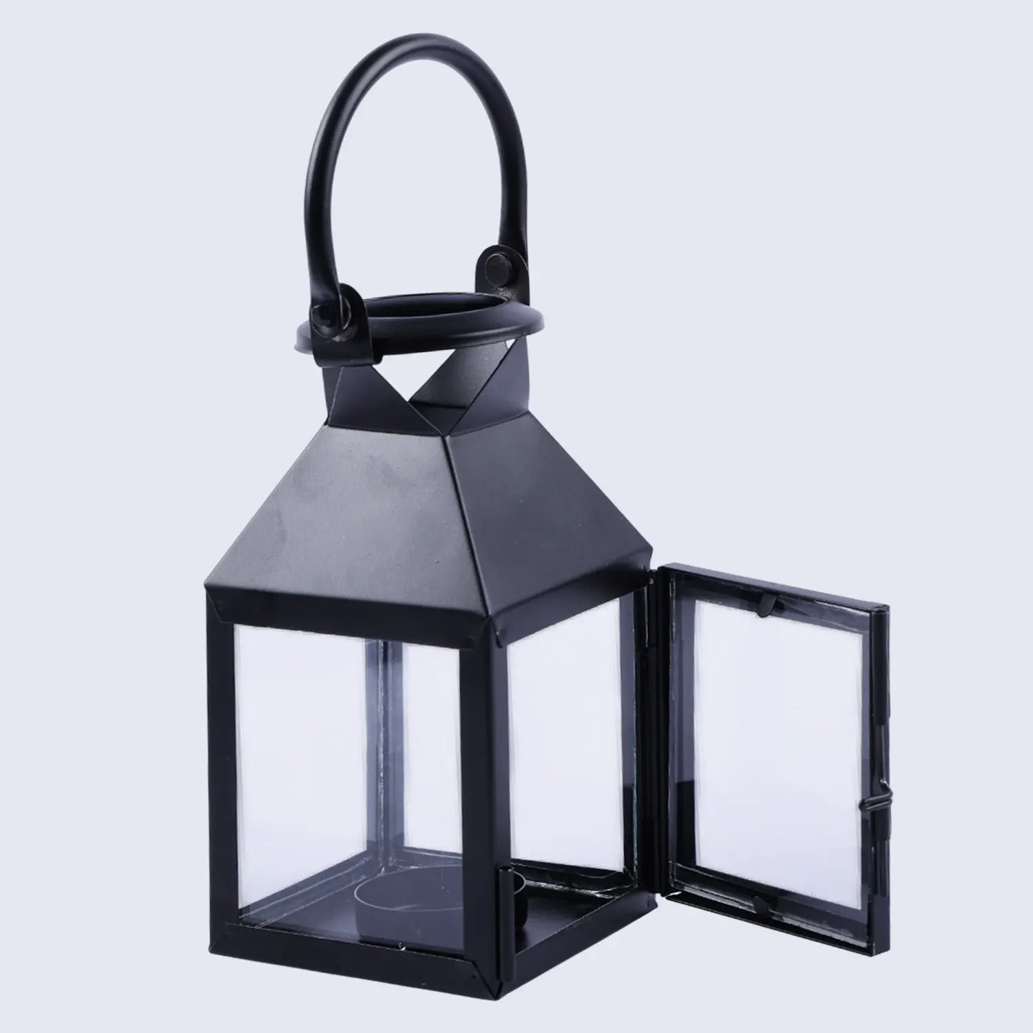 Metal & Clear Glass Pyramid Lantern, Matte Black