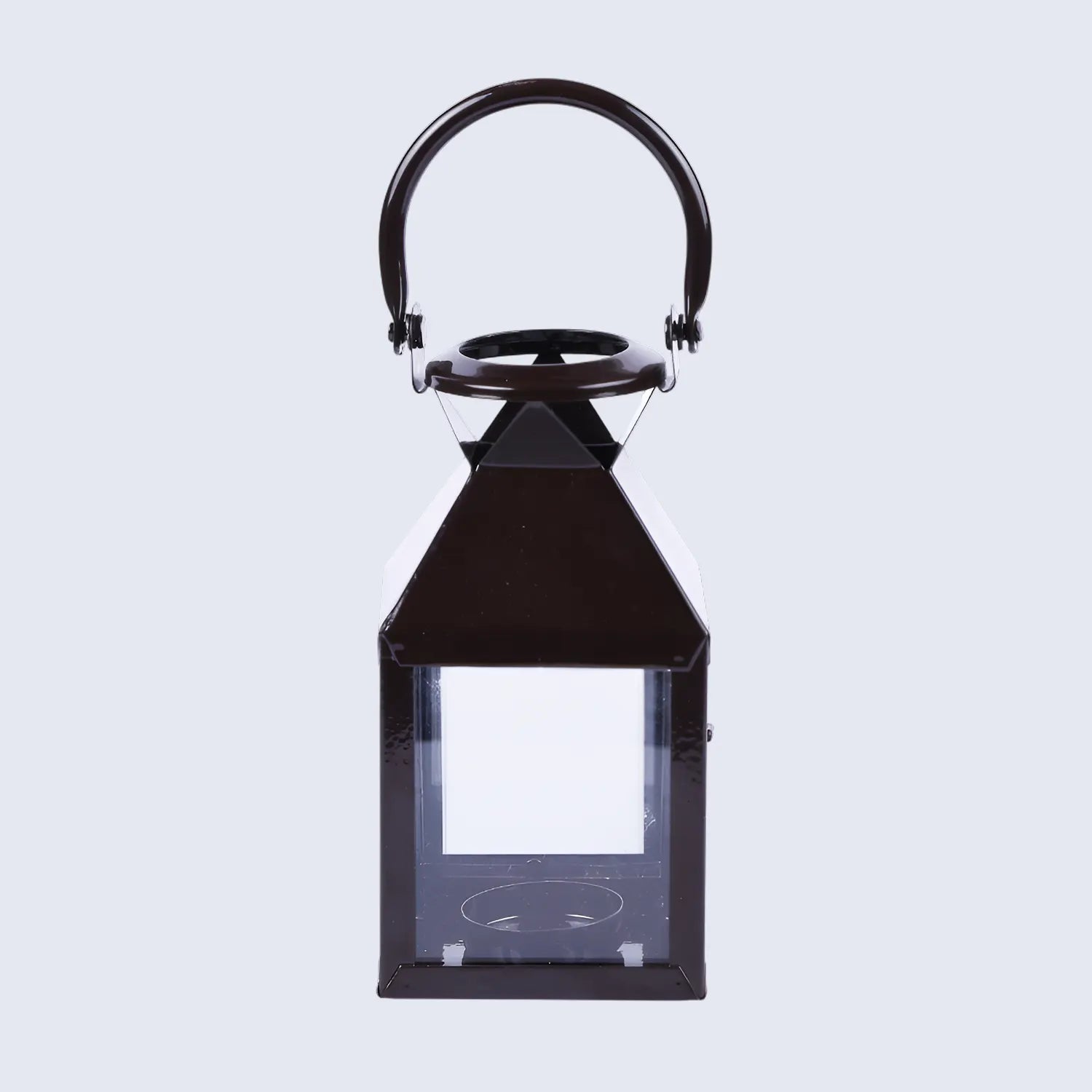 Metal & Clear Glass Pyramid Lantern, Glossy Brown