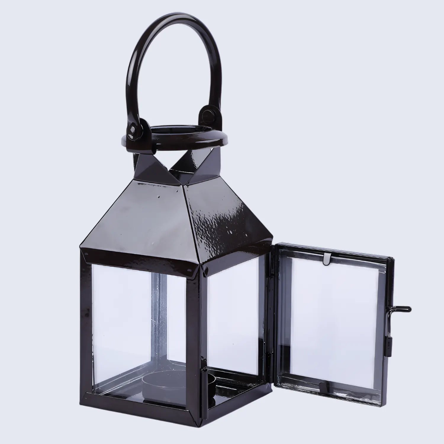 Metal & Clear Glass Pyramid Lantern, Glossy Brown