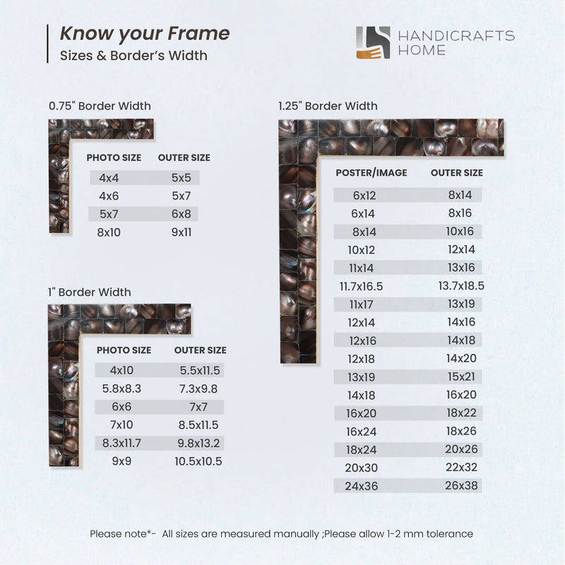 Size Chart for Picture Frames Mother of Pearl Collection in 27 Sizes, Grey