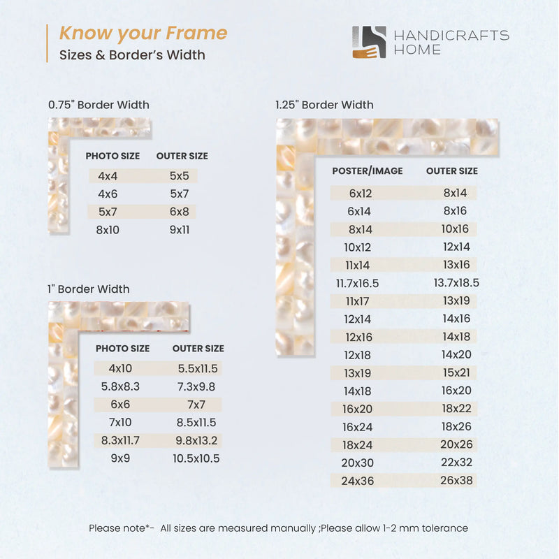 Size Chart for Picture Frames Mother of Pearl Collection in 27 Sizes, White