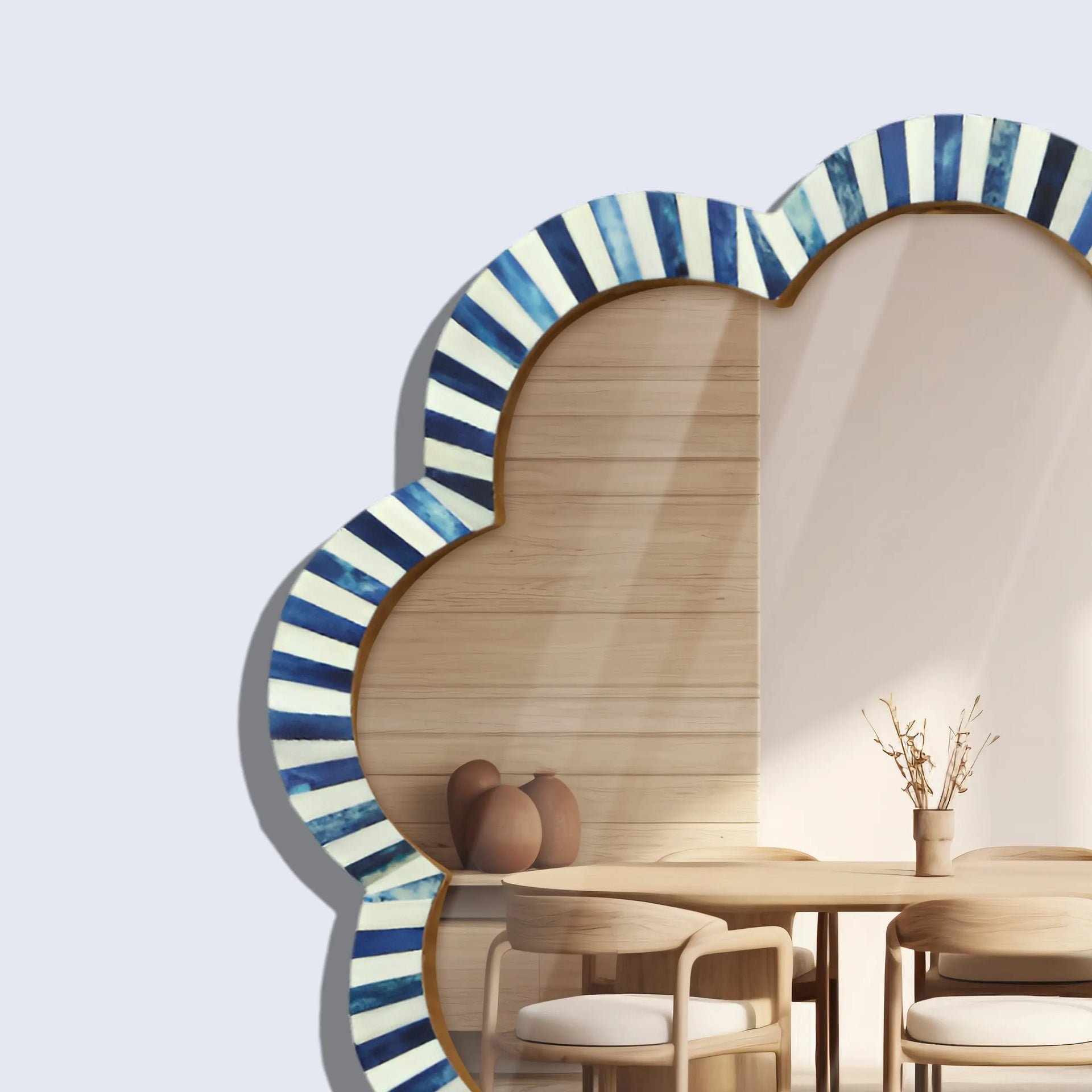 Make to Order Blue & White Bone Inlay Scalloped Wall Mirror – 30"