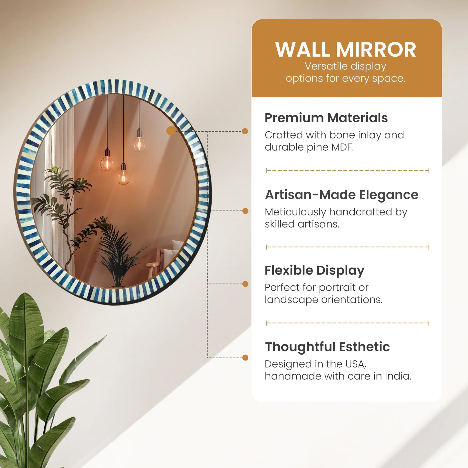 Make To Order Round Blue & White Striped Radial Pattern Wall Hanging Mirror Frame- 18"