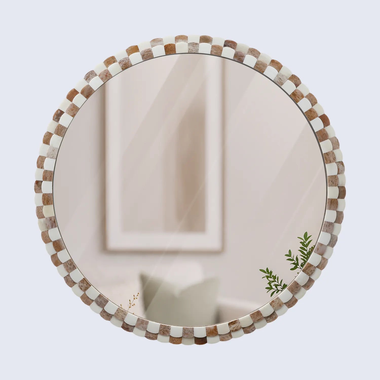 Round Scalloped Bone Inlay Mirror Frame, Brown & White, 18” x 18”
