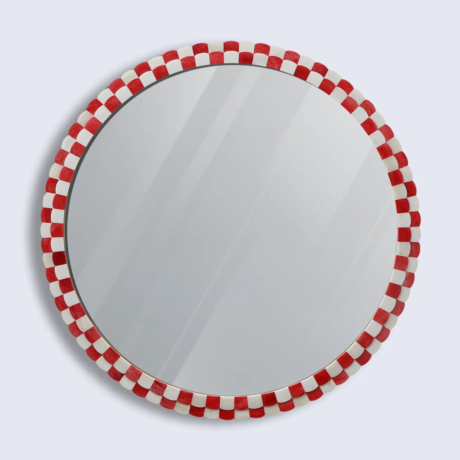 Round Scalloped Bone Inlay Mirror Frame, Red & White, 18” x 18”