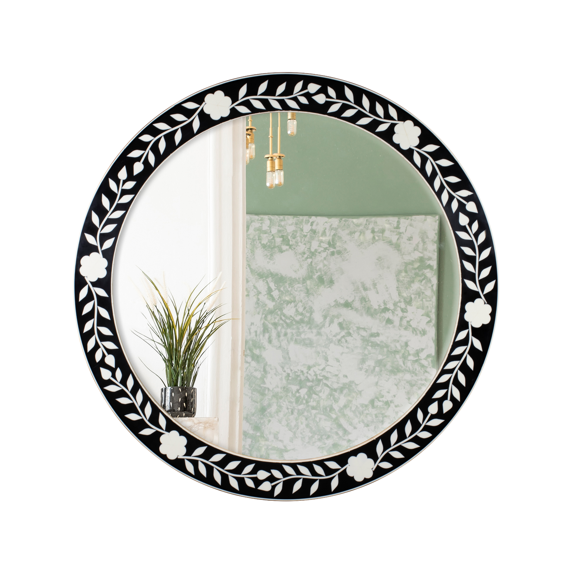 Bone Inlay Chaucer-Queen Round Wall Mirror, 28" Collection, Black and White
