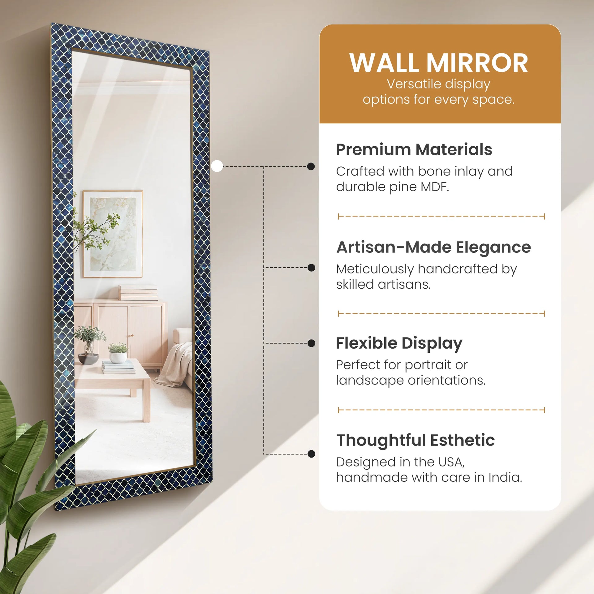 Make To Order Blue White Moroccan Inspired Pattern Rectangular Mirror with Bone Inlay & Resin Collection - 60x22 inches