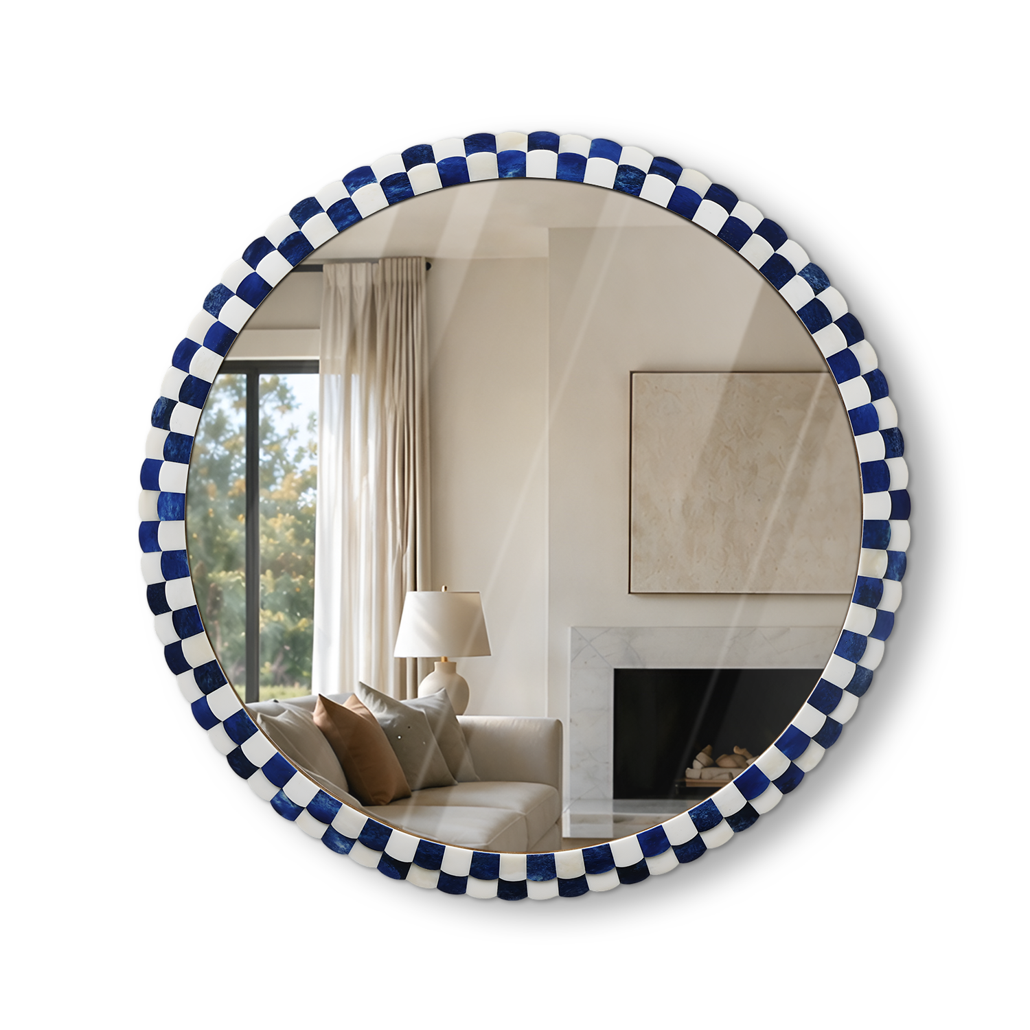 Round Scalloped Bone Inlay Mirror Frame, Blue & White, 18” Dia