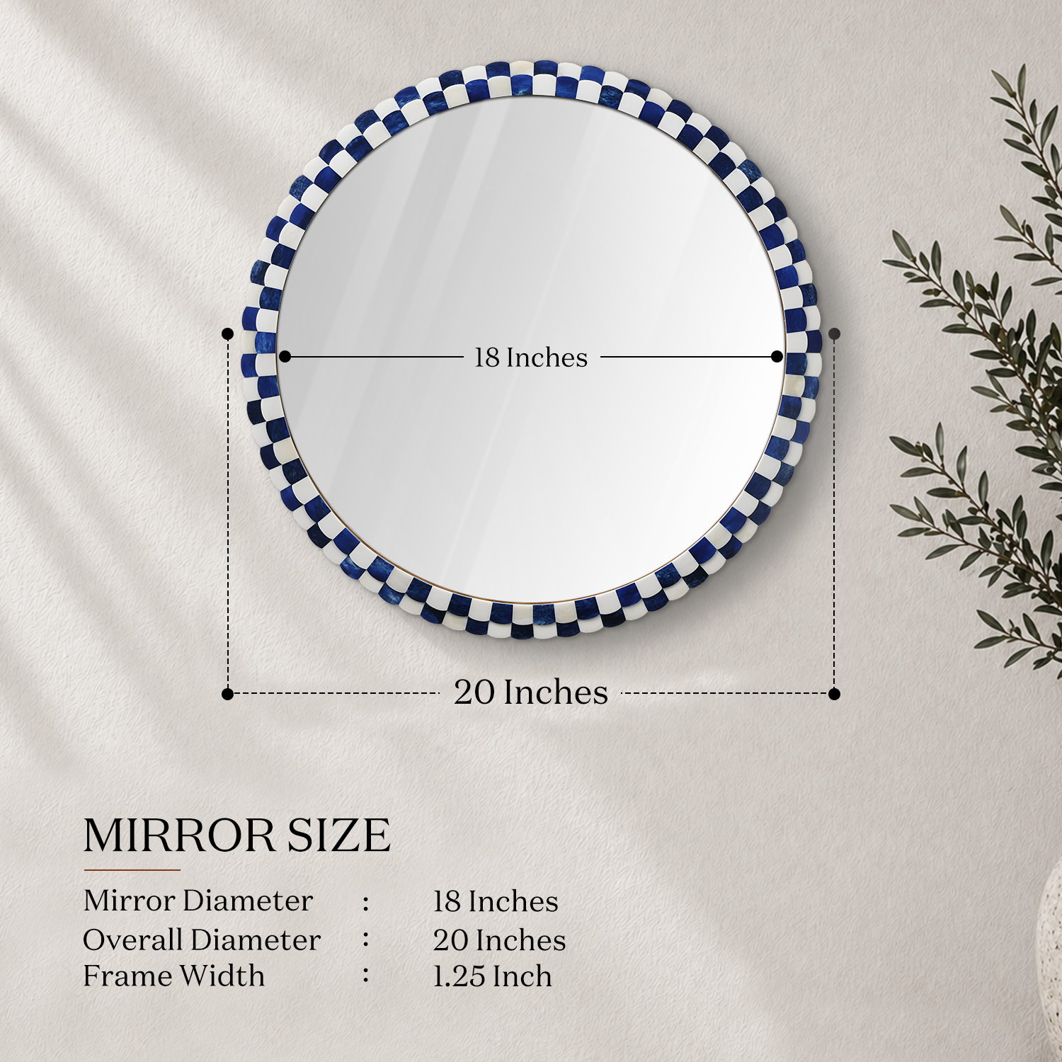 Round Scalloped Bone Inlay Mirror Frame, Blue & White, 18” Dia
