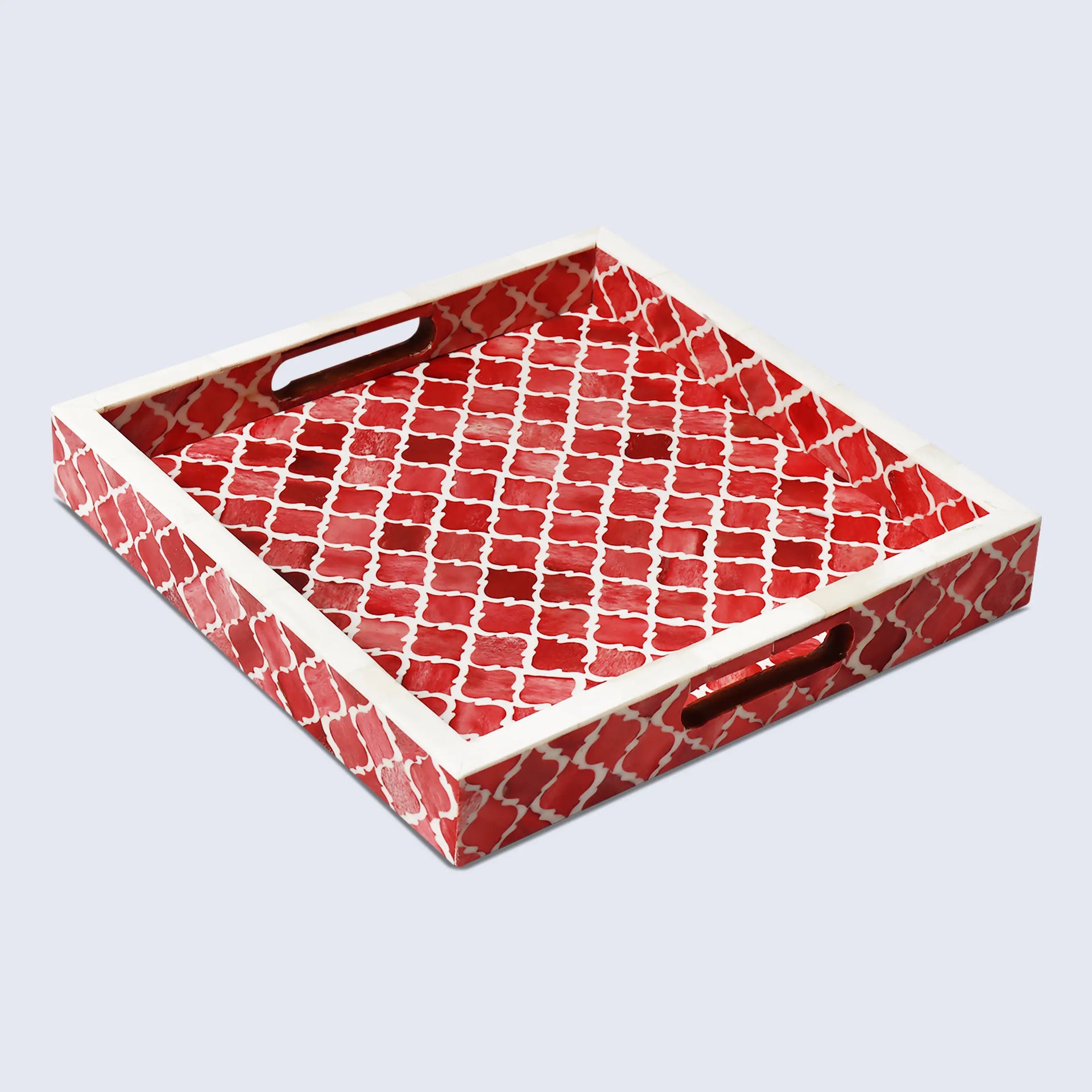 Decorative Tray Moroccan Pattern Bone & Resin Inlay Collection in 3 Sizes, Red & White