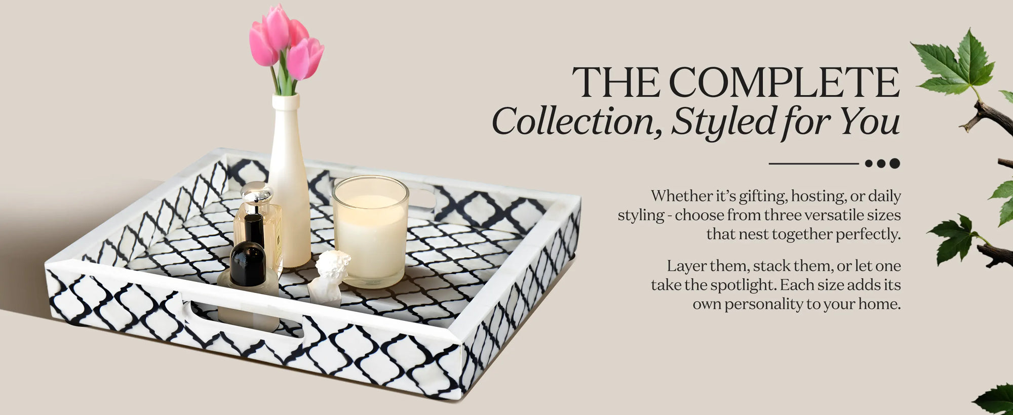 Decorative Tray Moroccan Pattern Bone & Resin Inlay Collection in 3 Sizes, Black & White