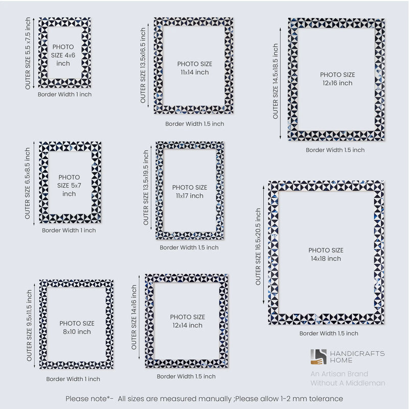Size Chart for Picture Frames Marquet Indigo Pattern Resin Inlay Collection in 8 Sizes, Pack of 2
