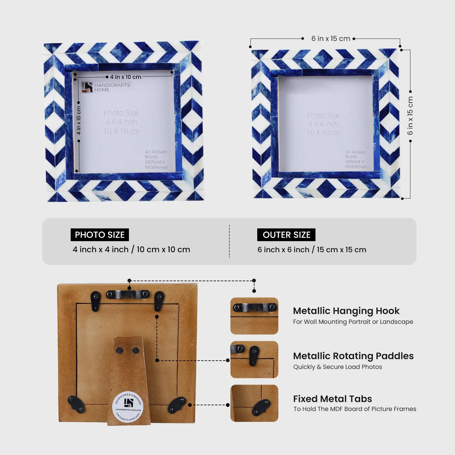 Square Baby Picture Frames Taj Pattern Bone Inlay 4x4 Inch, Blue