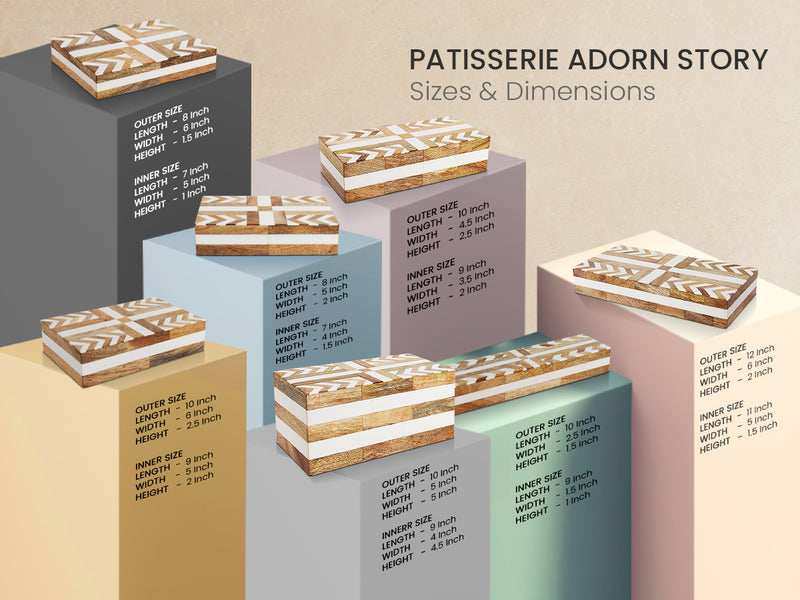 Size Chart for Patisserie Adorn Pattern Decorative Storage Box, Resin & Wood Inlay in 7 Sizes, Brown-White