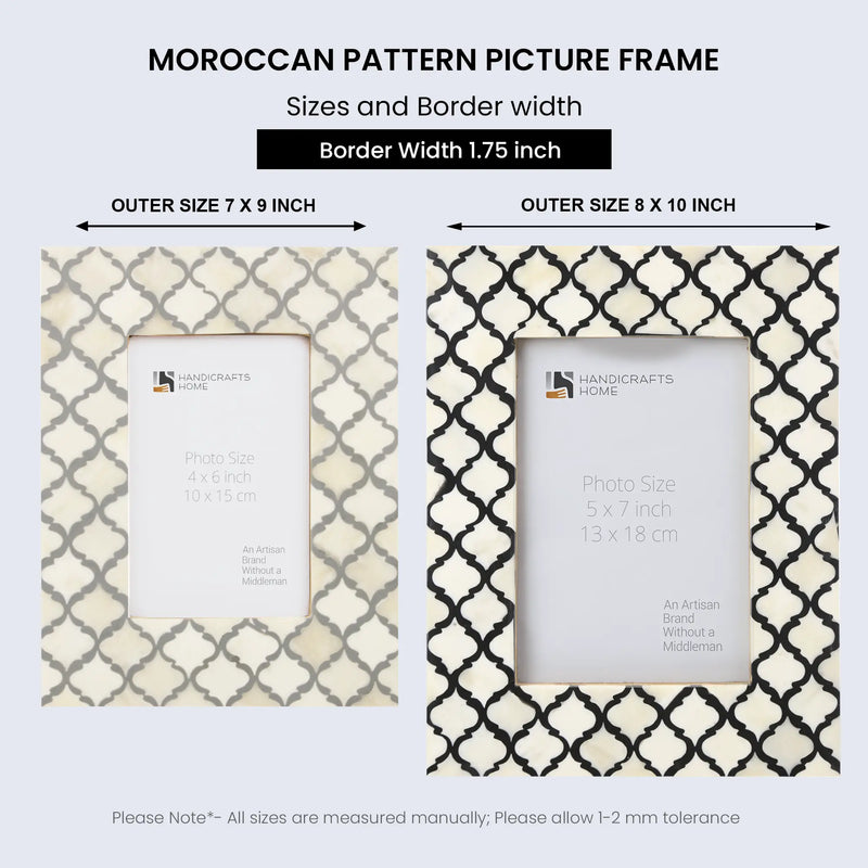 Size Chart for Picture Frames Moroccan Pattern Bone & Resin Inlay Collection in 2 Sizes, White & Red