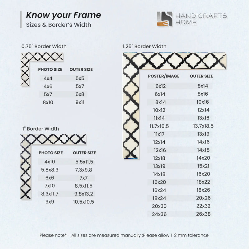 Size Chart for Picture Frames Moroccan Pattern Bone & Resin Inlay Collection in 27 Sizes, Black