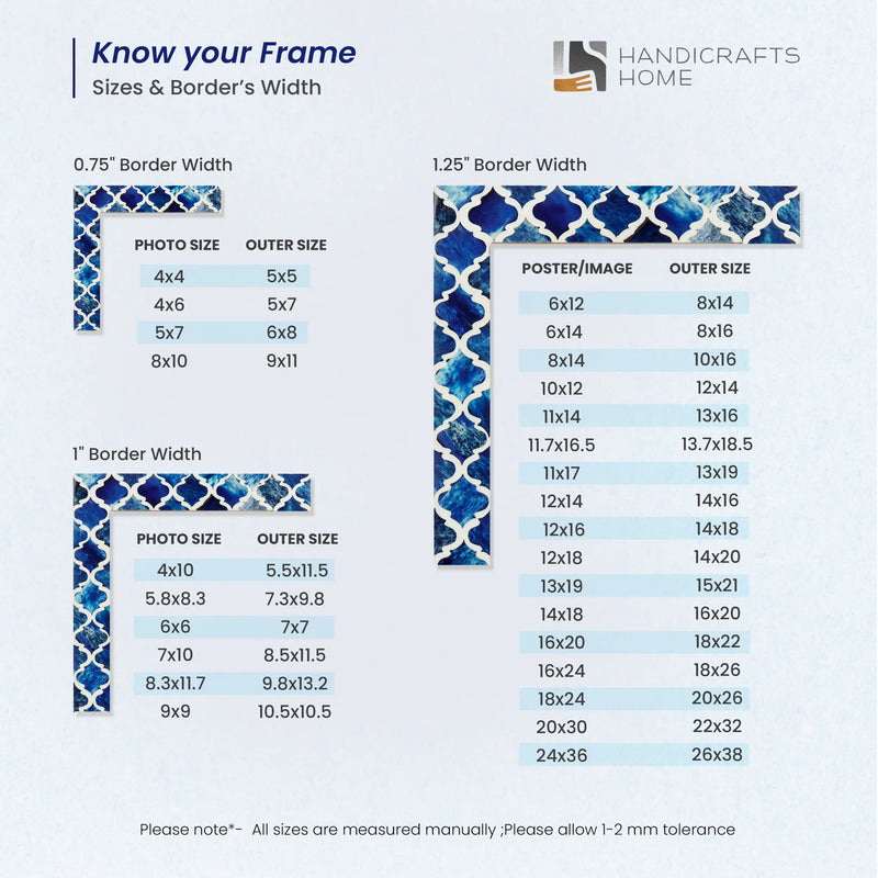 Size Chart for Picture Frames Moroccan Pattern Bone & Resin Inlay Collection in 27 Sizes, Blue