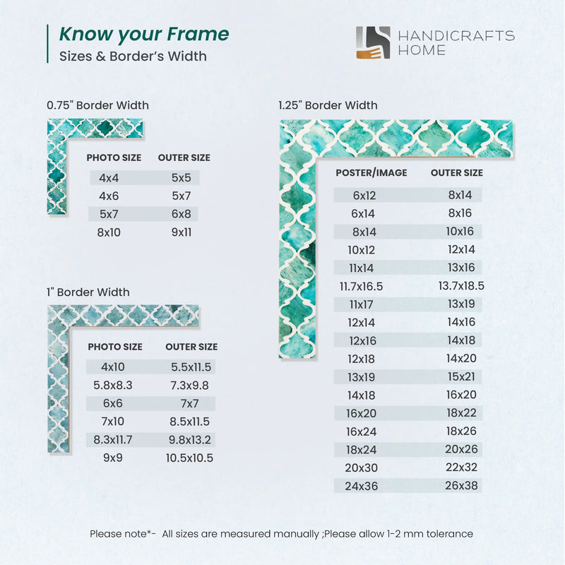 Size Chart for Picture Frames Moroccan Pattern Bone & Resin Inlay Collection in 27 Sizes, Green