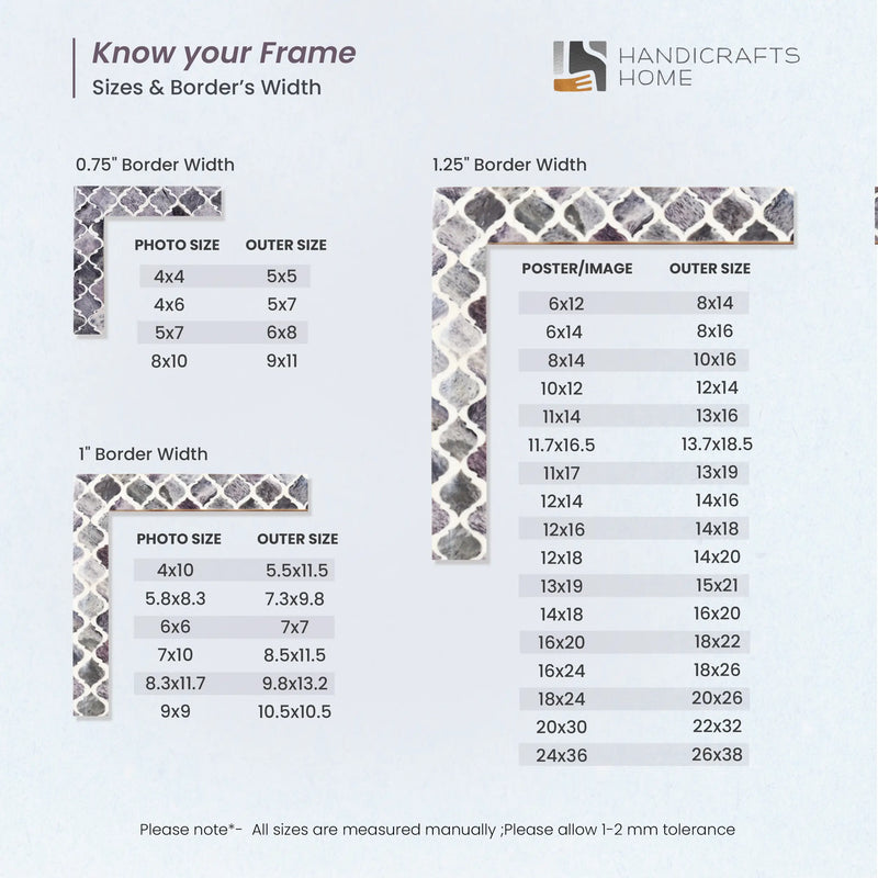 Size Chart for Picture Frames Moroccan Pattern Bone & Resin Inlay Collection in 27 Sizes, Red
