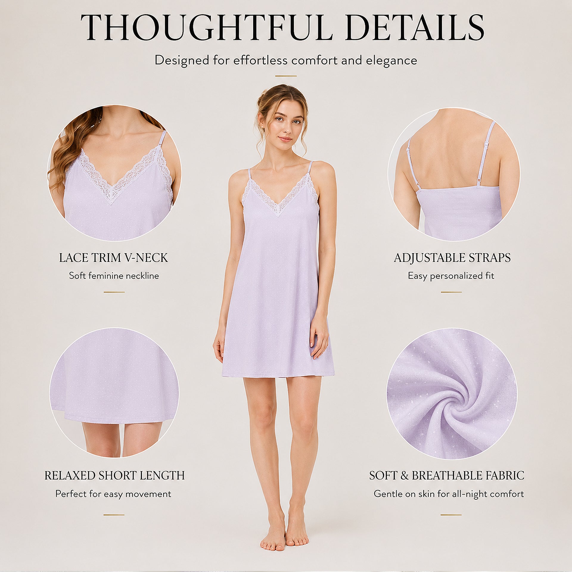 nightdress-for-women v neck pullover short nightgowns lilac S to 3XL