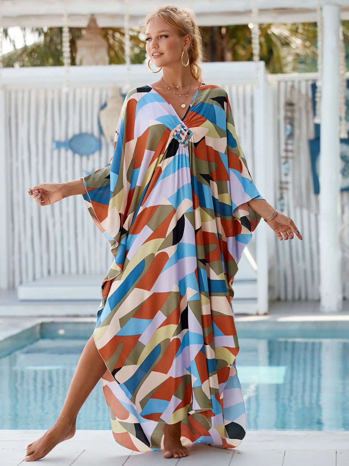 Kaftan Summer Dresses, Braided V-Neck - Brown Abstract, S-3XL