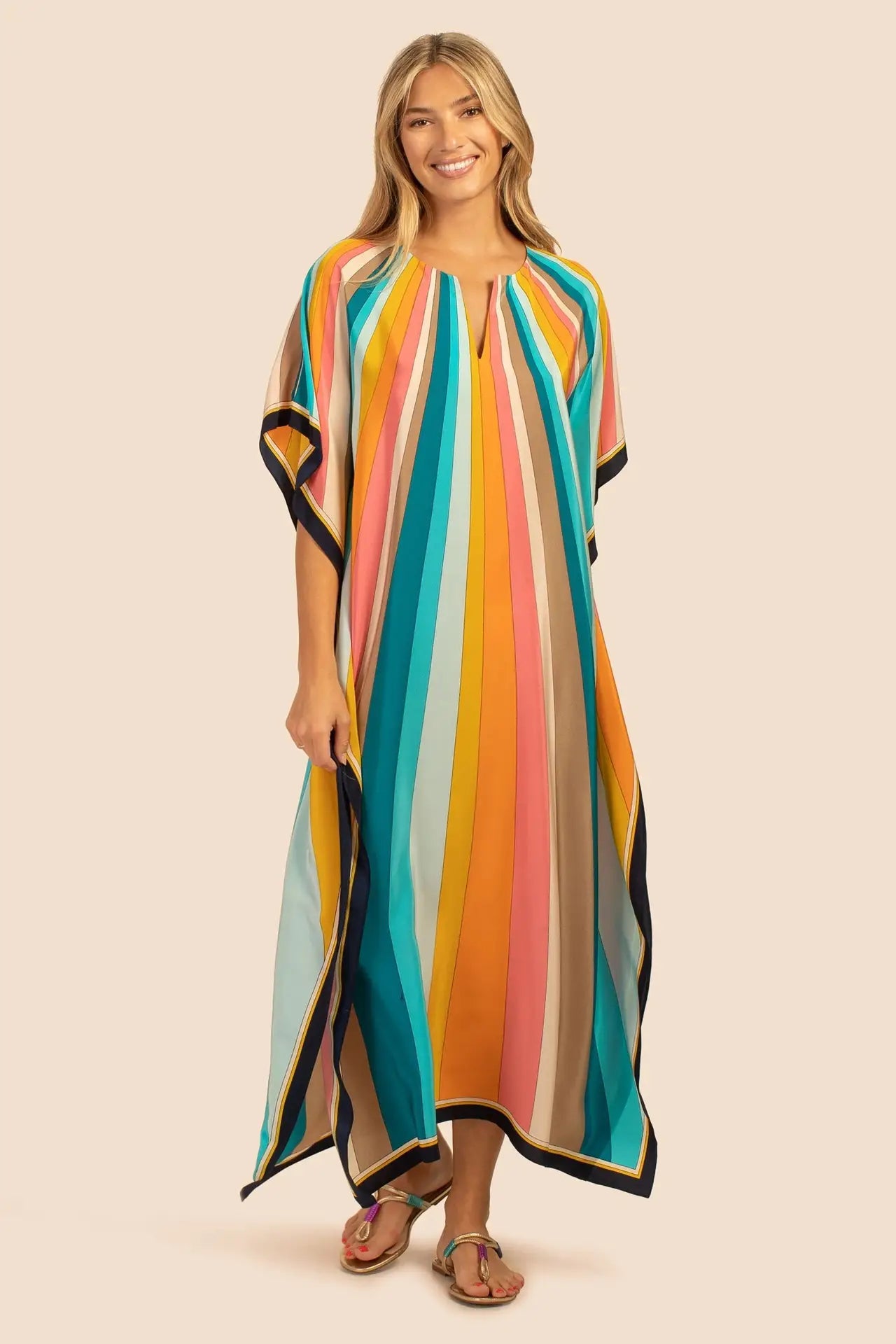 Kaftan Summer Dresses, Split Neckline -Multicolor Stripes
