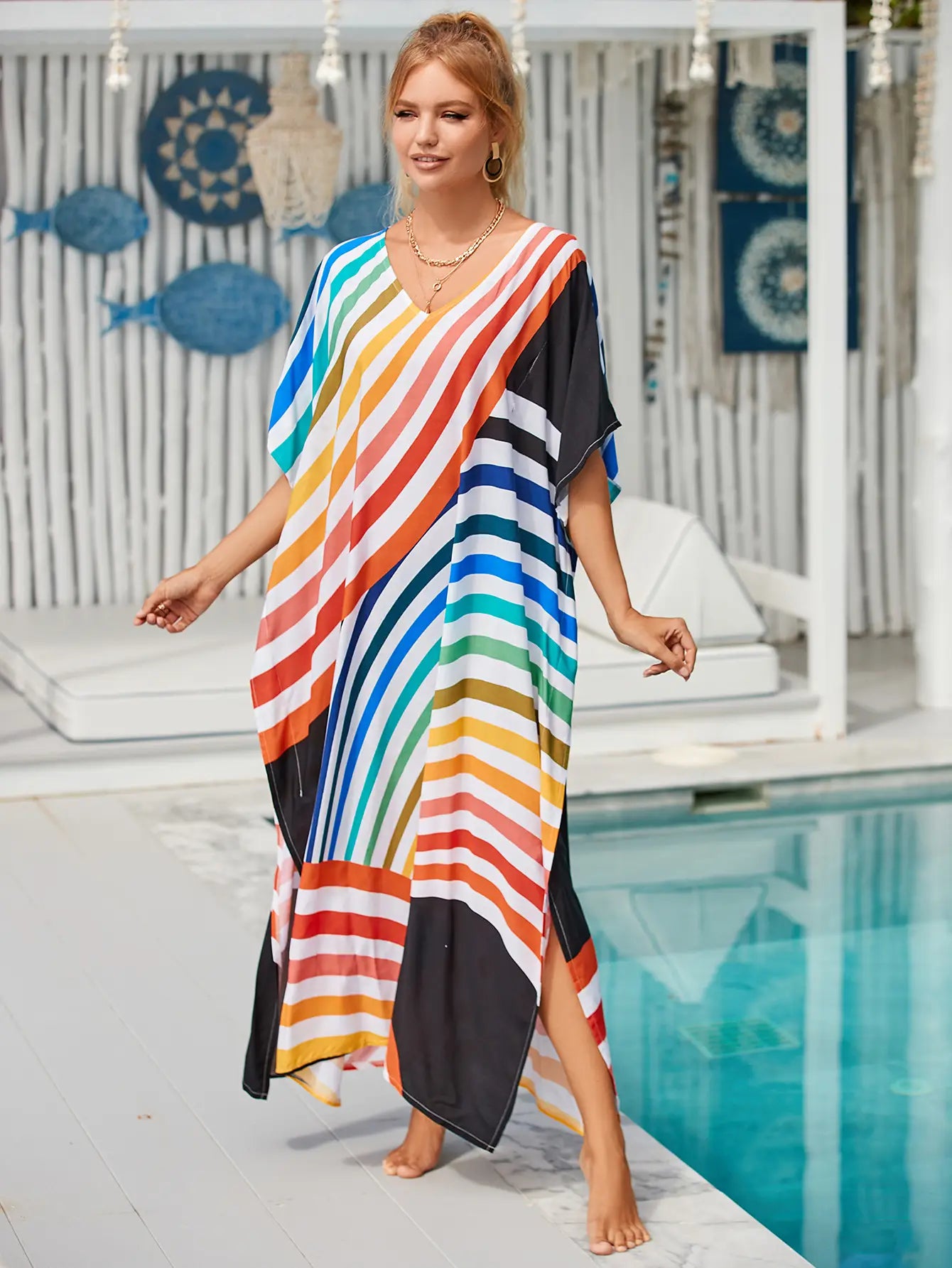 Tropical Kaftan Summer Dresses Multicolor Stripes, S-3XL