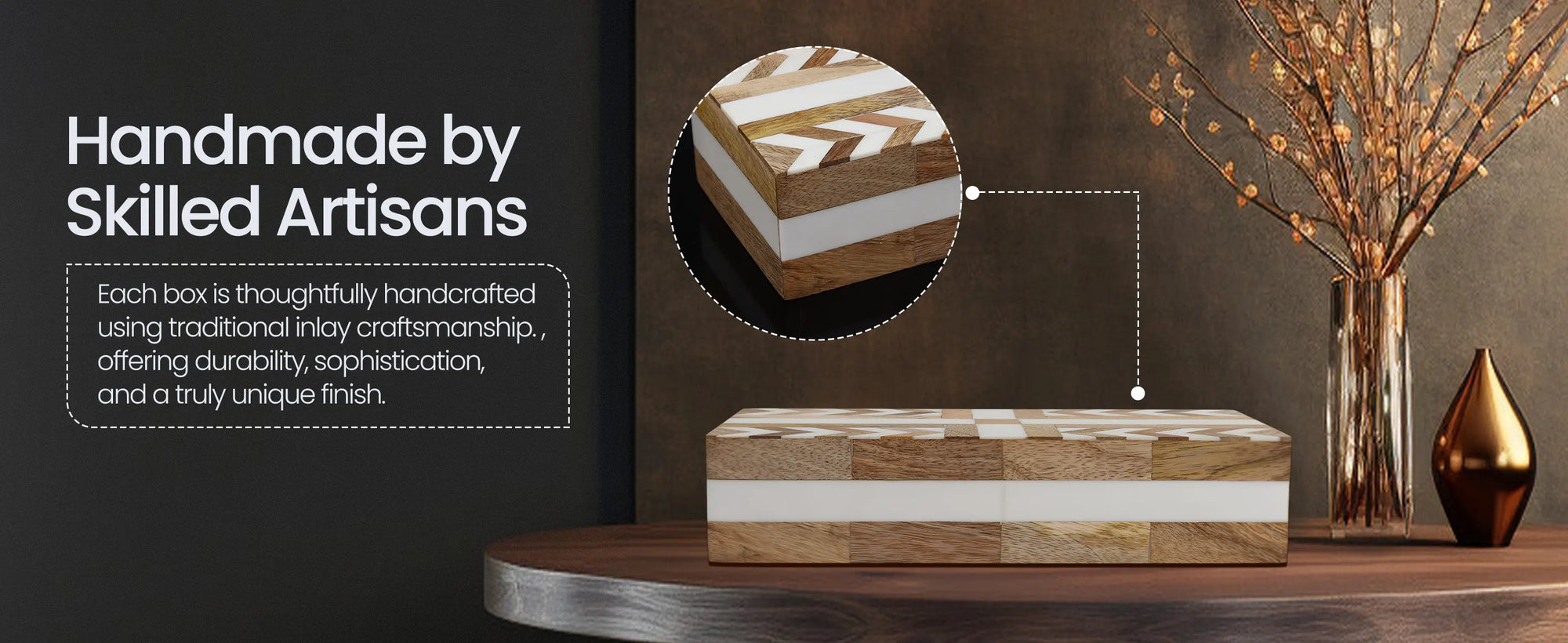 Patisserie Adorn Pattern Decorative Storage Box, Resin & Wood Inlay in 7 Sizes, Brown-White