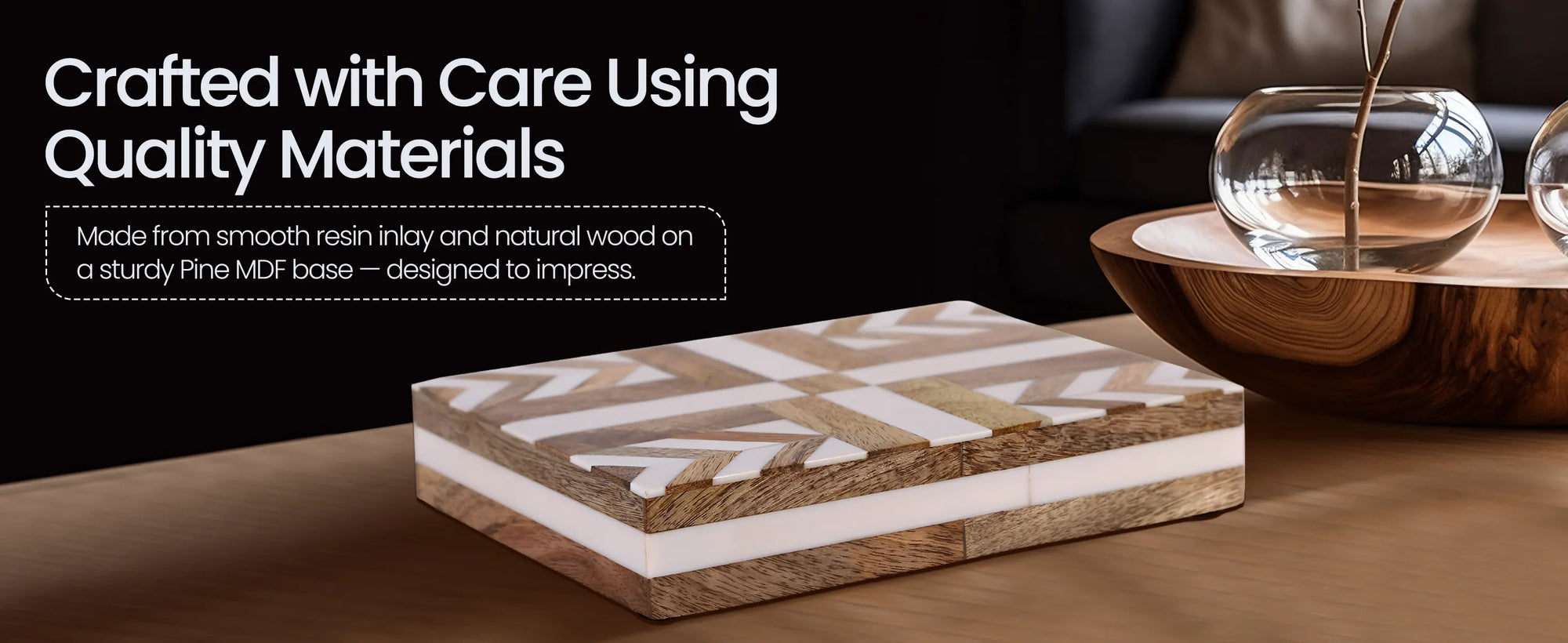 Patisserie Adorn Pattern Decorative Storage Box, Resin & Wood Inlay in 7 Sizes, Brown-White