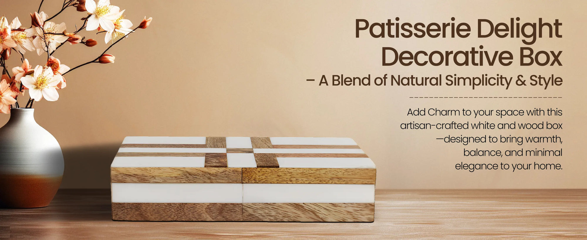 Patisserie Delight Pattern Decorative Storage Box, Resin & Wood Inlay in 7 Sizes, Brown-White