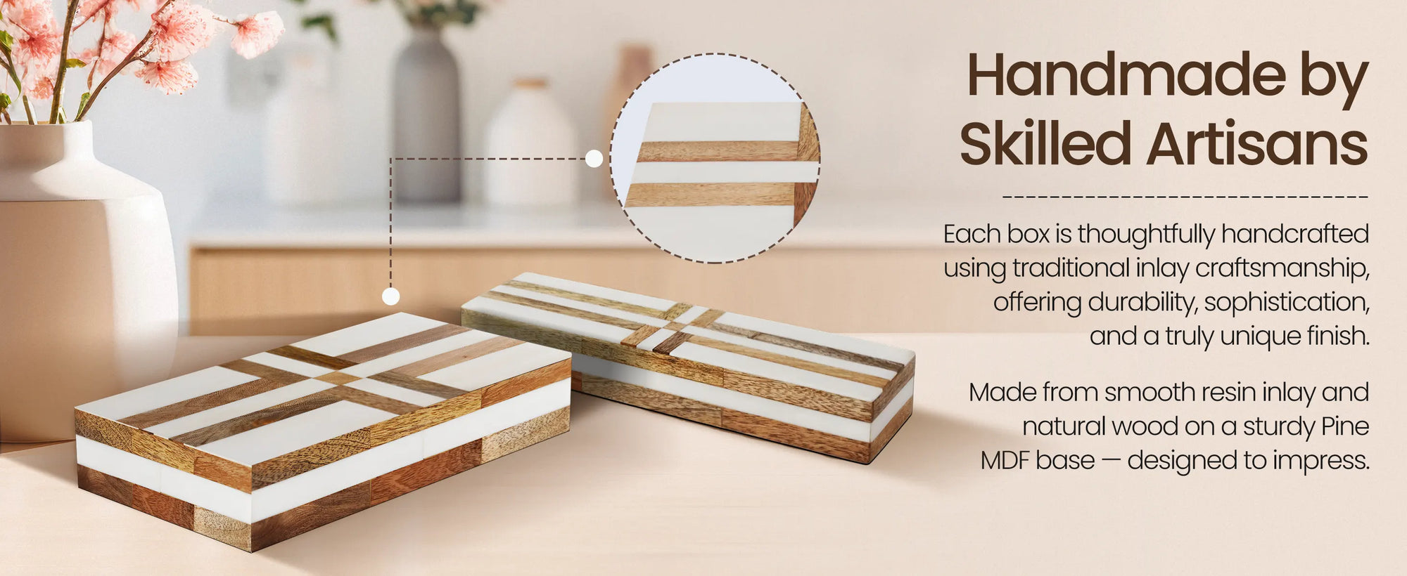 Patisserie Delight Pattern Decorative Storage Box, Resin & Wood Inlay in 7 Sizes, Brown-White